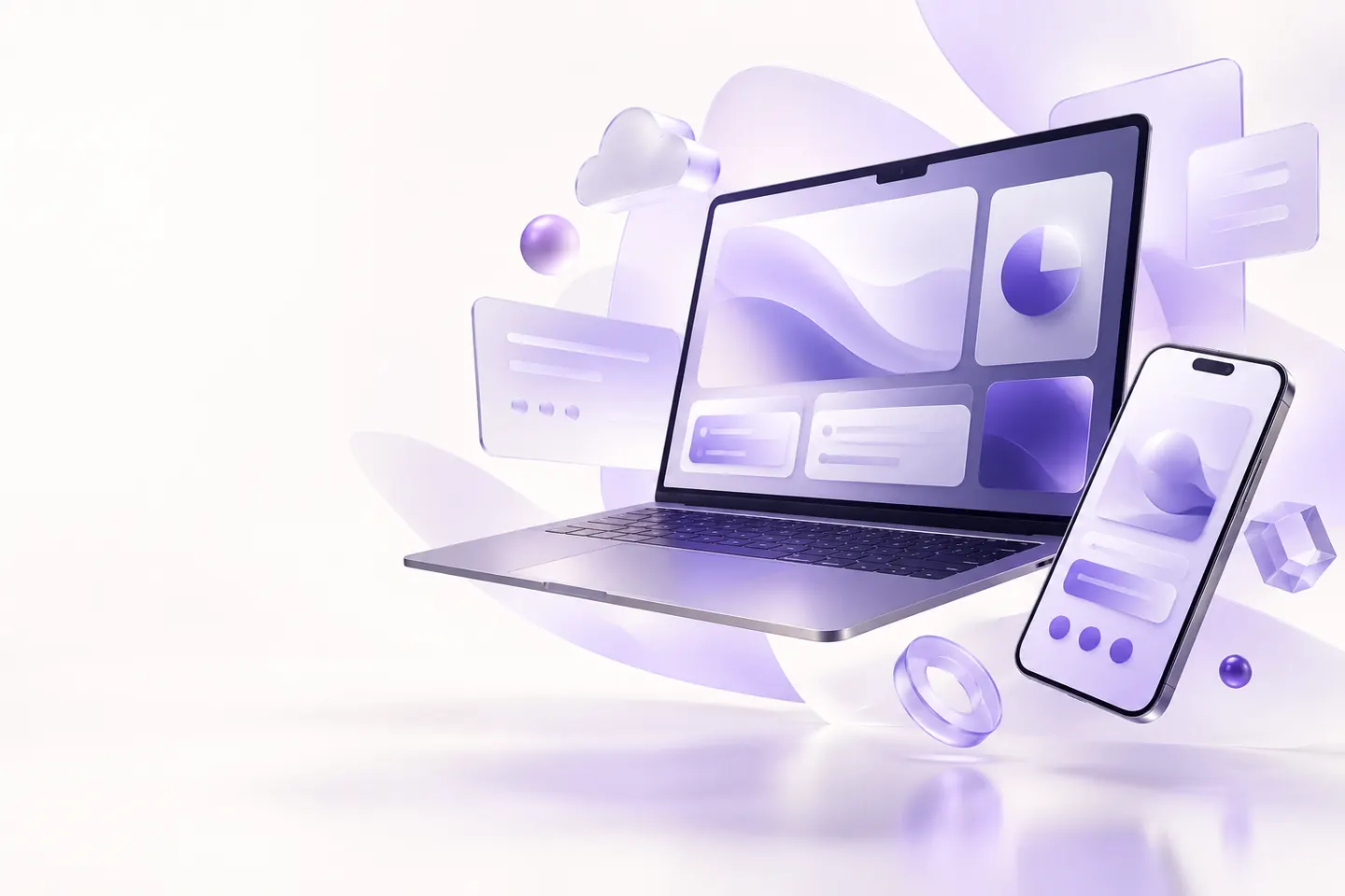 Dijital ürünleri temsil eden dizüstü bilgisayar ve telefon görseli
