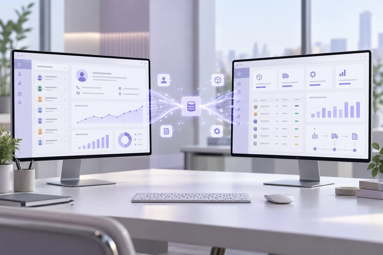 CRM ve ERP ekranları arasında güvenli veri aktarımını gösteren API entegrasyonu