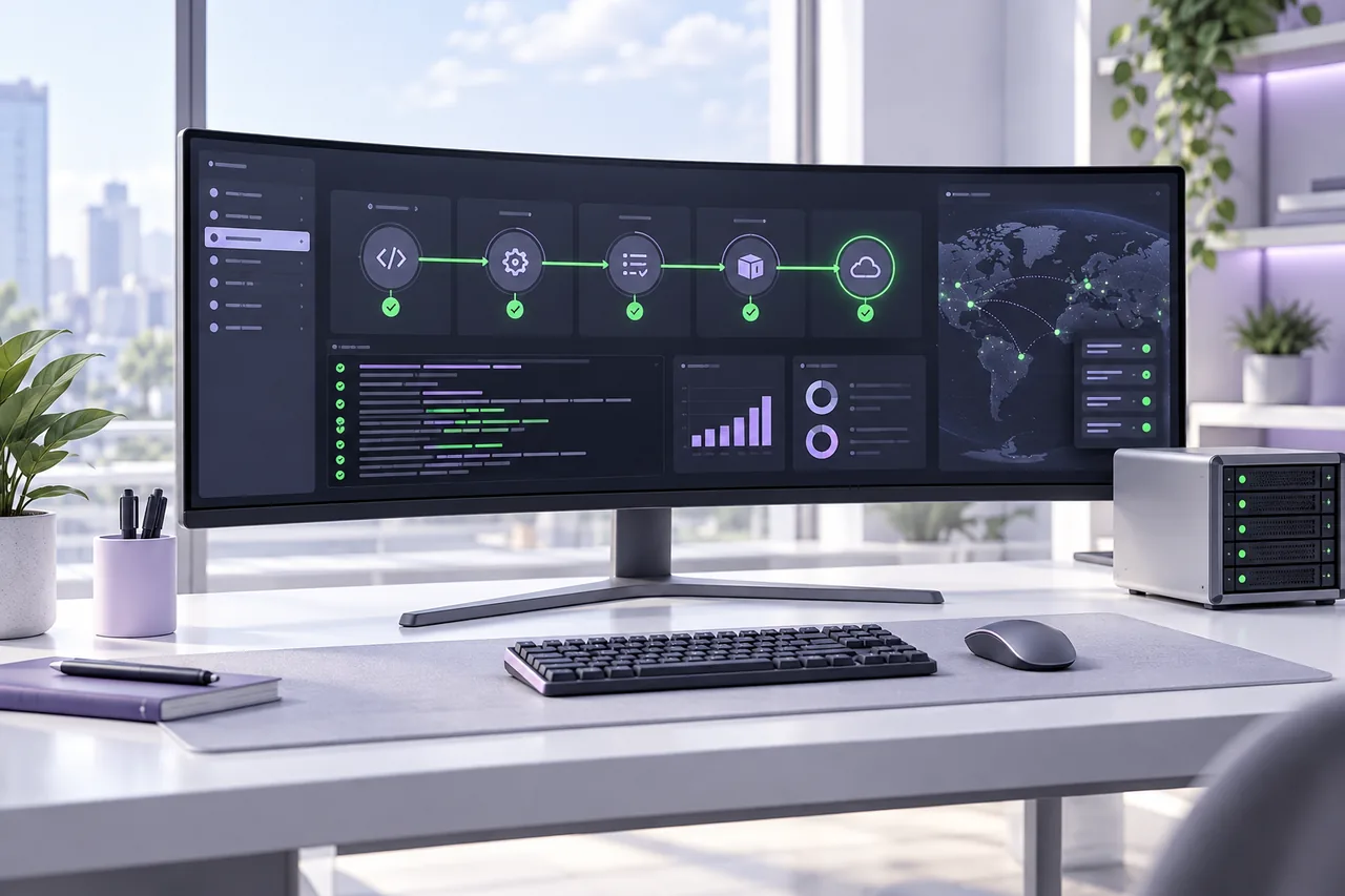Test, derleme ve yayın aşamalarını gösteren bulut ve DevOps çalışma ortamı
