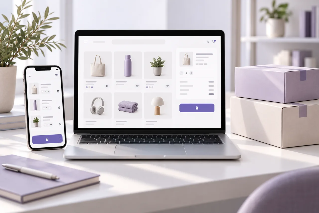 Dizüstü bilgisayar ve telefonda ürün, sepet ve ödeme ekranları bulunan e-ticaret sistemi