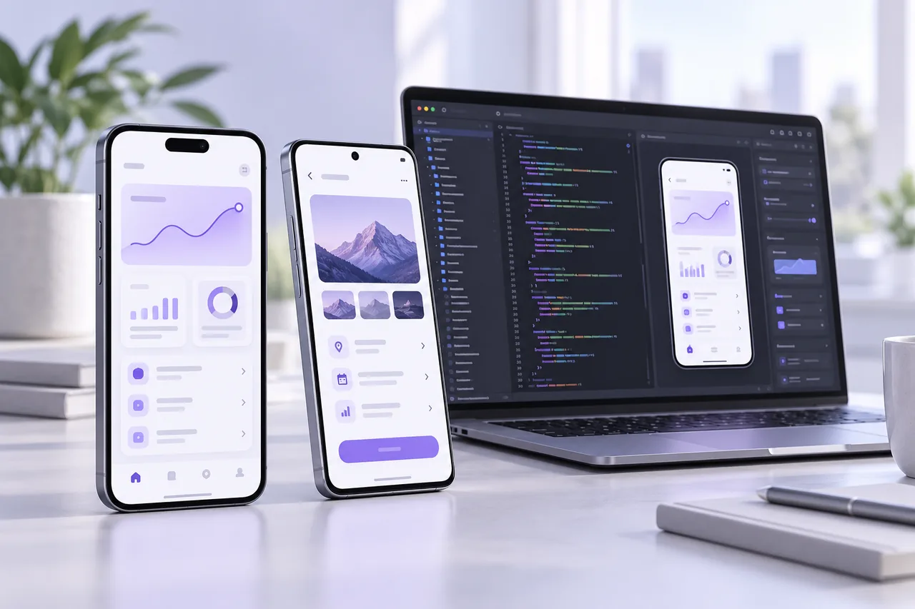 Android ve iOS arayüzleri ile mobil uygulama geliştirme çalışma ortamı