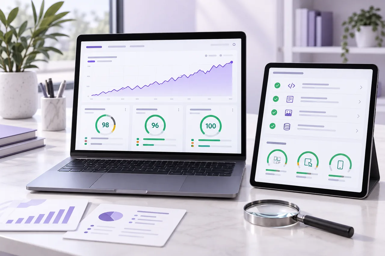 Arama performansı, sayfa hızı ve teknik SEO kontrol ekranları