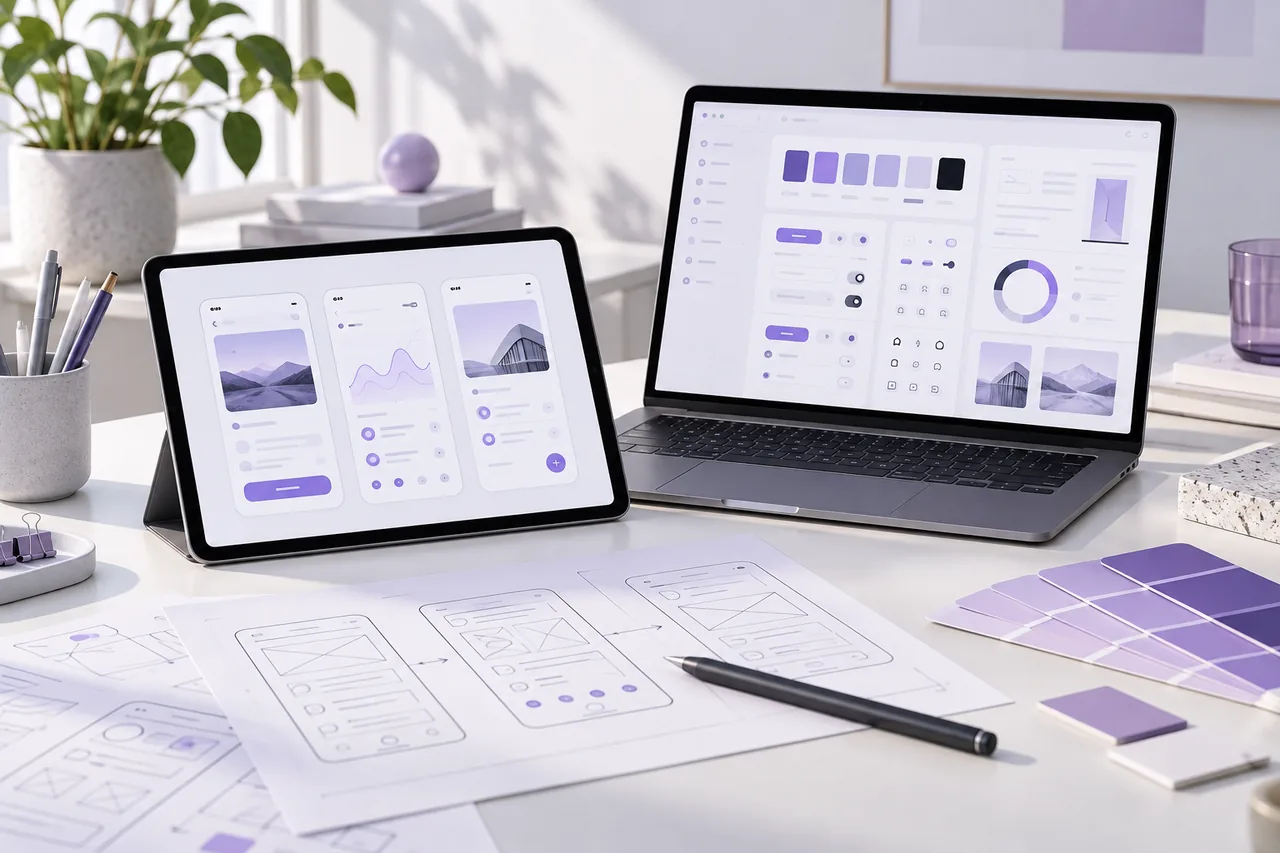 Tasarım sistemi, mobil prototip ve arayüz eskizleri bulunan UI UX çalışma alanı